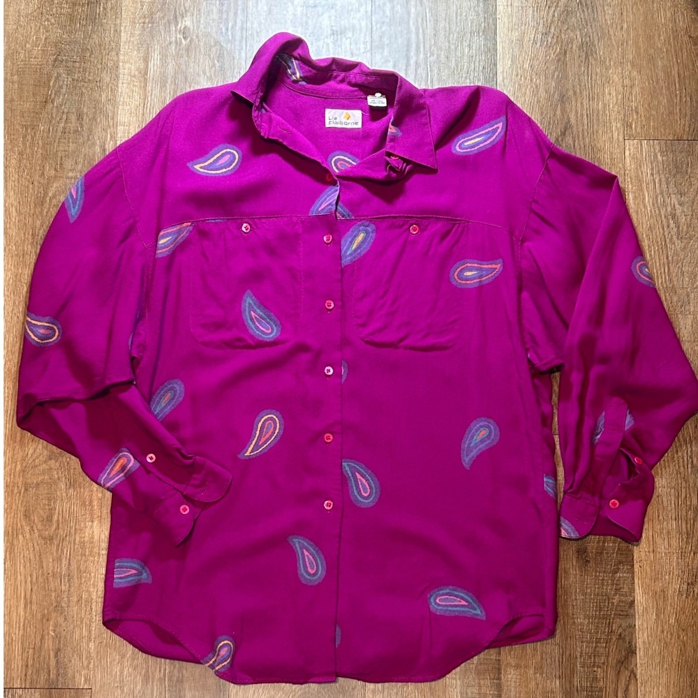 Vintage Liz Claiborne Magenta Paisley Button Down Shirt Fuchsia Boho Top Size 10